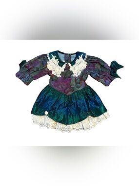 Vintage 80s Sarah Kent Dress Girls Size 4T Multicolor Lace Dark Green Purple